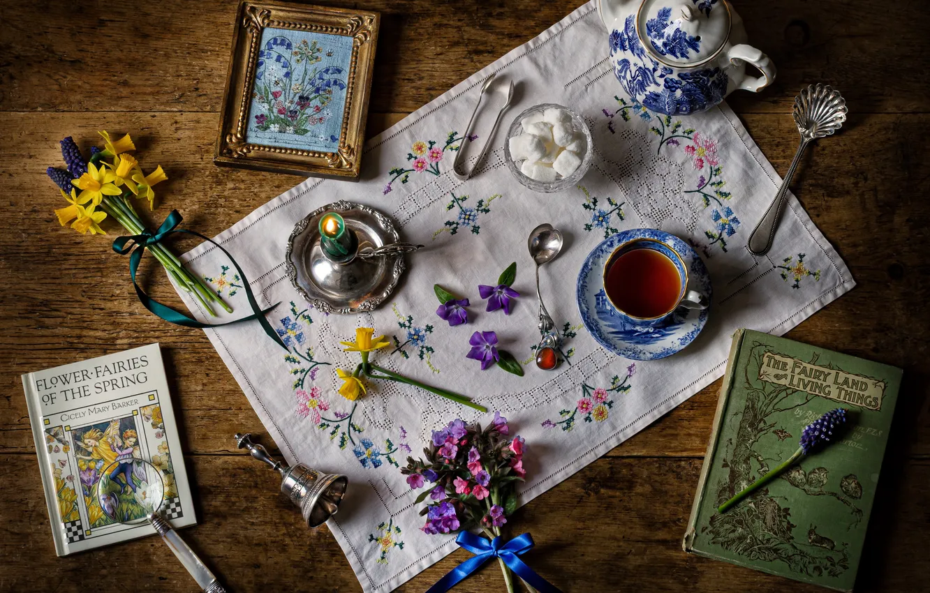 Photo wallpaper tea, books, candle, Cup, magnifier, bell