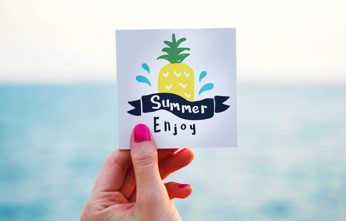 Photo wallpaper summer, the inscription, figure, hands, pineapple, postcard