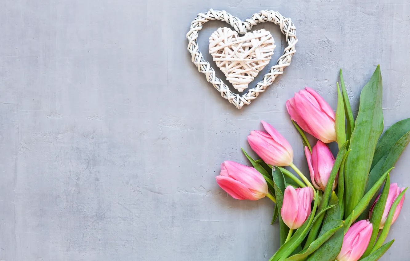 Photo wallpaper love, flowers, heart, bouquet, tulips, love, pink, heart