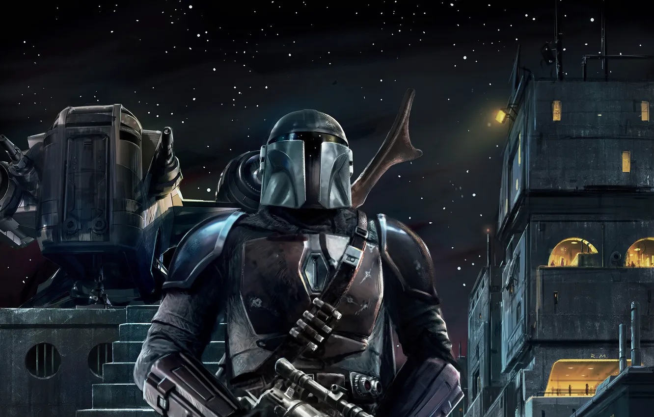 Photo wallpaper stars, night, weapons, building, armor, gun, fantasy, armor