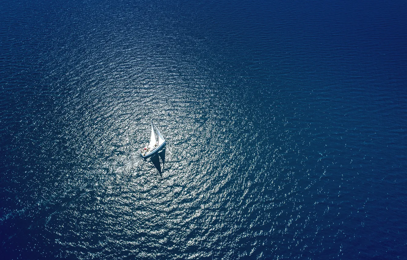 Photo wallpaper sea, yacht, sails, open sea, drone view, amazing view, bird's-eye view angle, yacht sailing