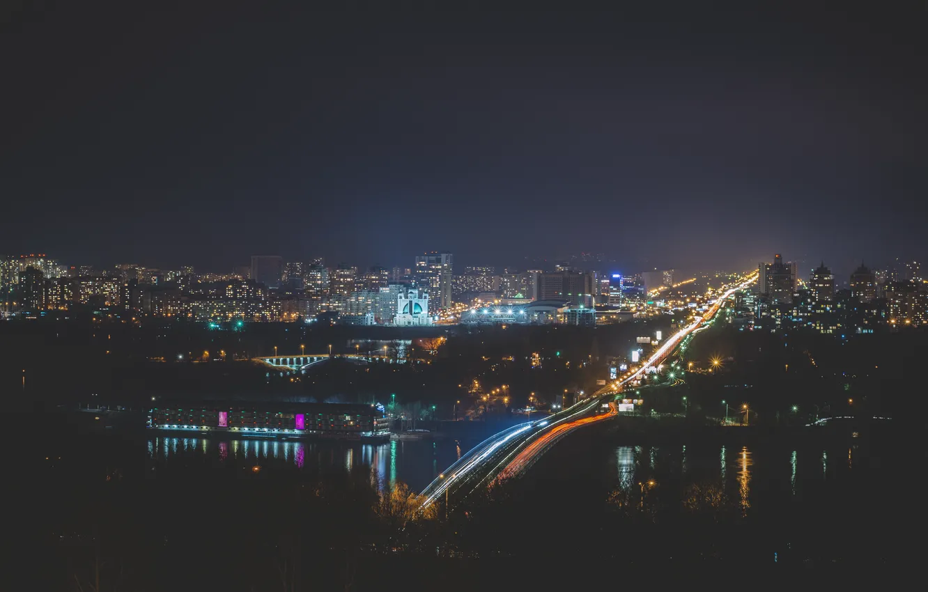 Photo wallpaper bridge, the city, lights, metro, night, Ukraine, Dnepr, Kiev