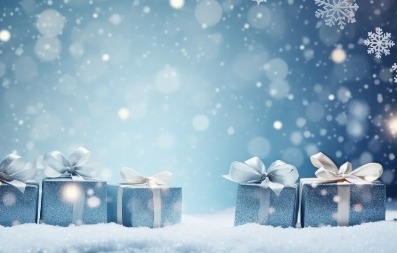 Photo wallpaper winter, snow, snowflakes, nature, gift, new year, Christmas, bow