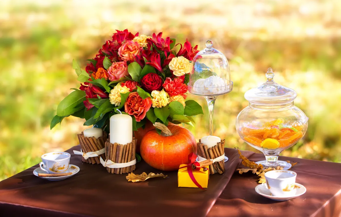 Photo wallpaper autumn, leaves, flowers, coffee, roses, candles, picnic