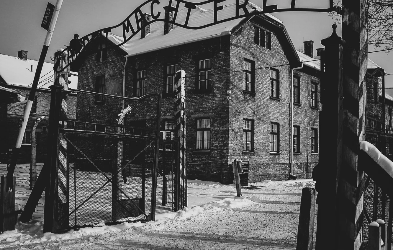 Photo wallpaper winter, snow, black & white, building, Poland, black and white, architecture, Auschwitz