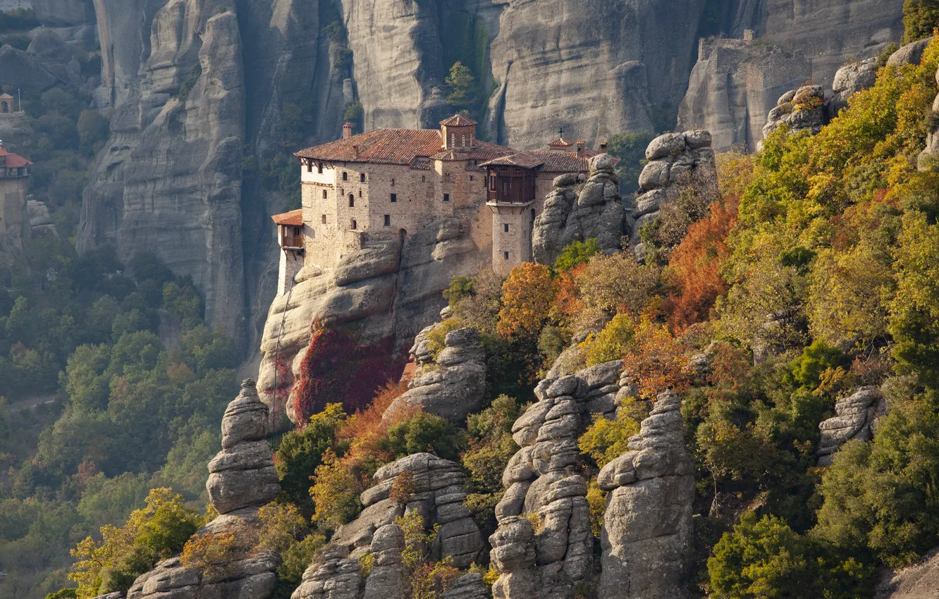 Photo wallpaper autumn, landscape, nature, rocks, Greece, forest, the monastery, Meteors
