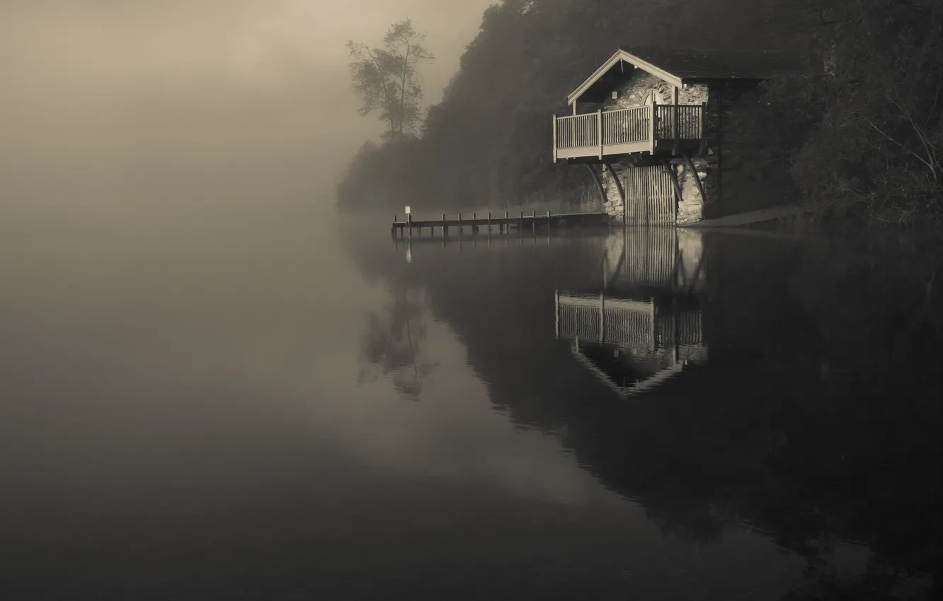 Photo wallpaper nature, fog, reflection, river, the darkness, boat