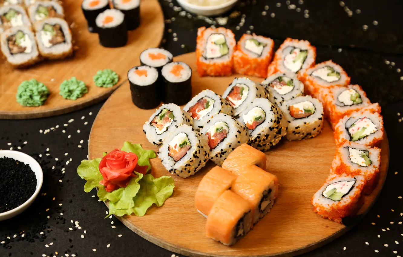 Photo wallpaper the dark background, table, fish, seeds, figure, sauce, tray, sushi