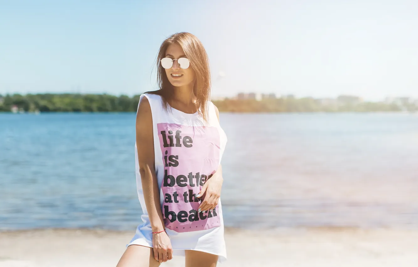 Photo wallpaper beach, woman, smiling, tank top