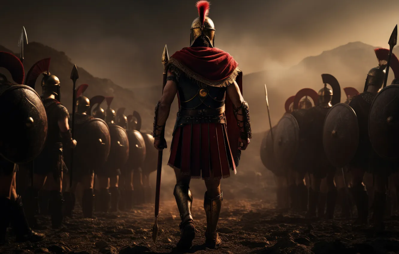 Photo wallpaper armor, warrior, helmet, male, spear, shield, Spartan, digital art