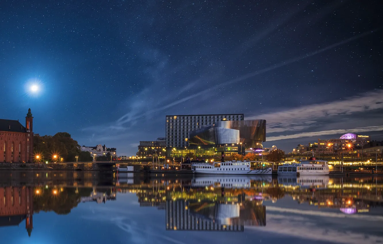 Photo wallpaper the sky, stars, night, river, pier, pierce, Stockholm, Sweden