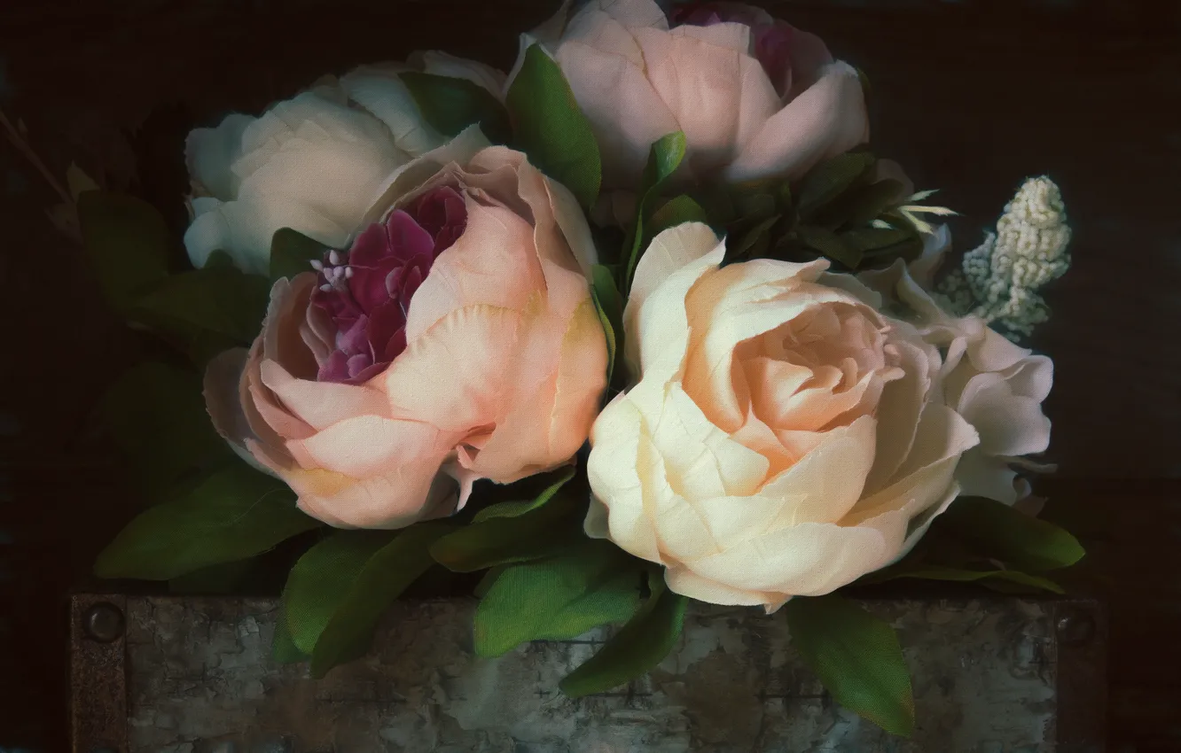 Photo wallpaper leaves, flowers, style, retro, the dark background, treatment, bouquet, texture