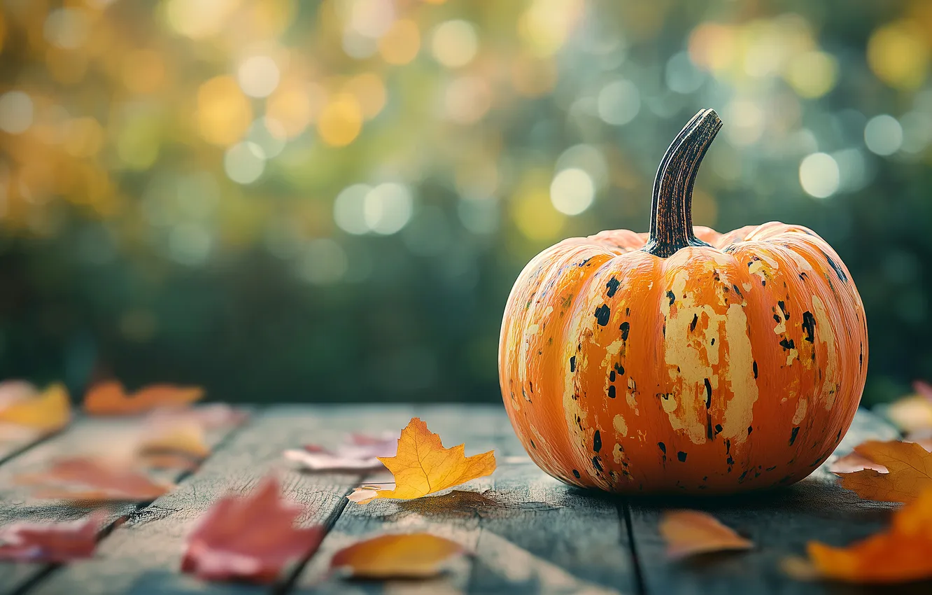 Photo wallpaper autumn, leaves, pumpkin, composition, AI art, neural network