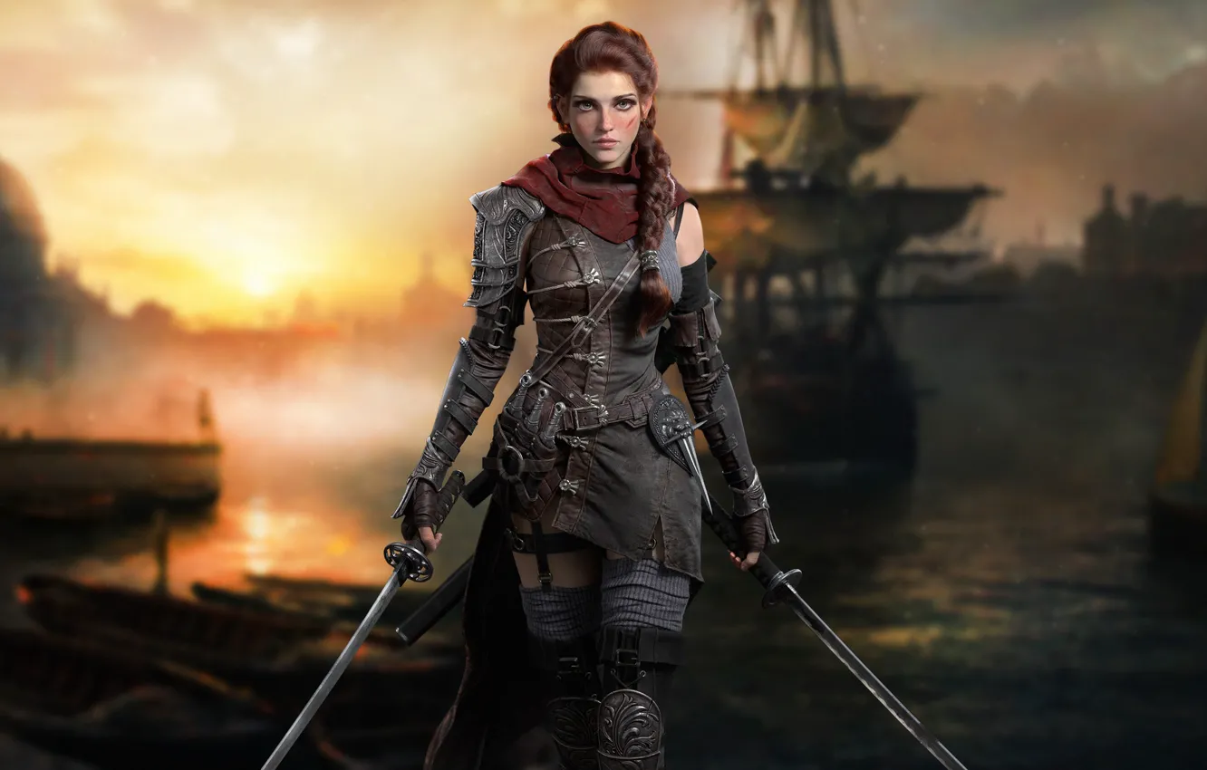 Photo wallpaper girl, the sun, sunset, city, the city, style, fiction, ship