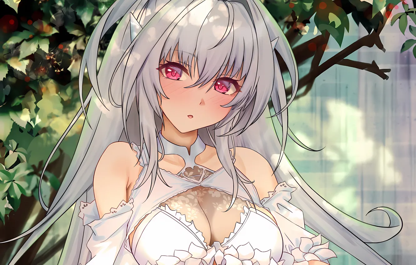 Photo wallpaper girl, sexy, lingerie, bra, cleavage, blouse, long hair, trees