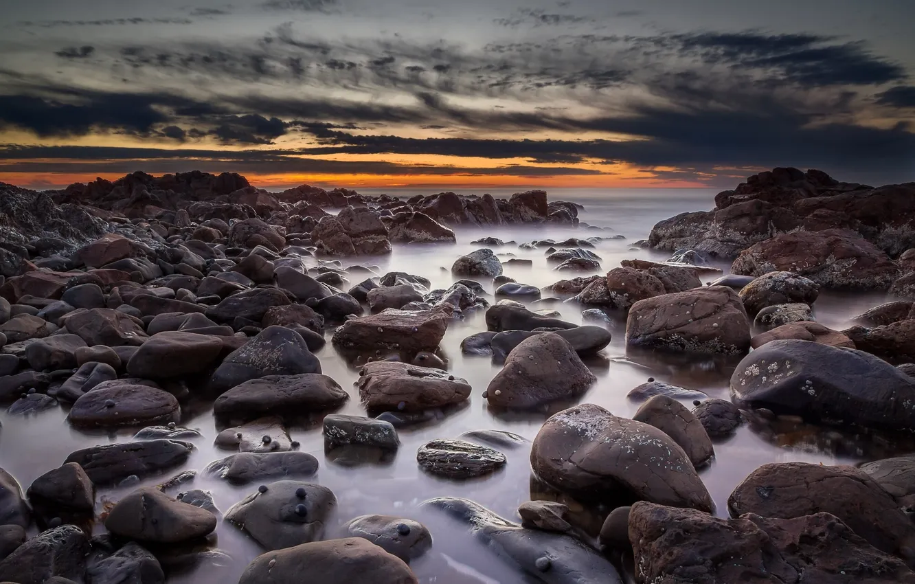 Photo wallpaper sea, stones, dawn, coast