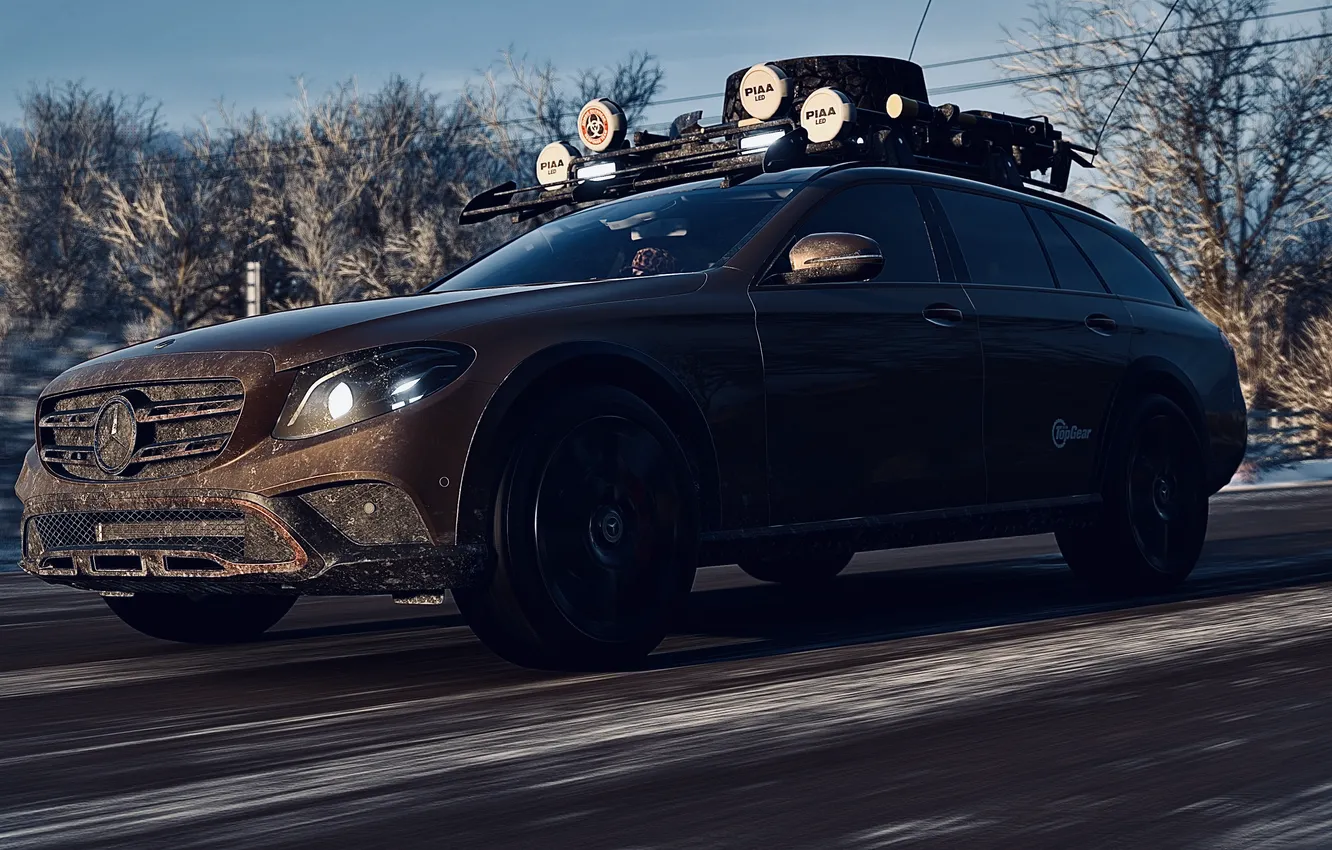 Photo wallpaper HDR, Mercedes, Benz, game, trees, winter, snow, E Class