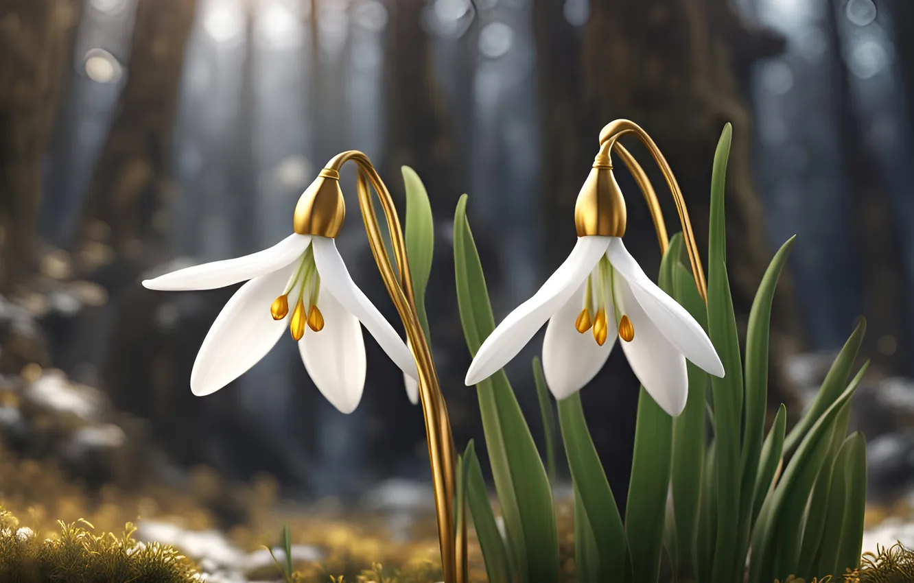 Photo wallpaper forest, trees, flowers, nature, glade, spring, snowdrops, white
