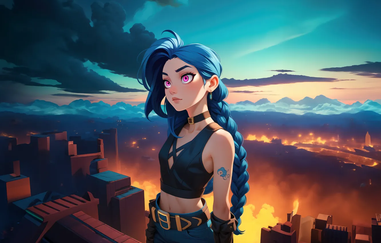 Photo wallpaper building, the evening, tattoo, blue hair, beautiful girl, jeans, League of Legends, lol