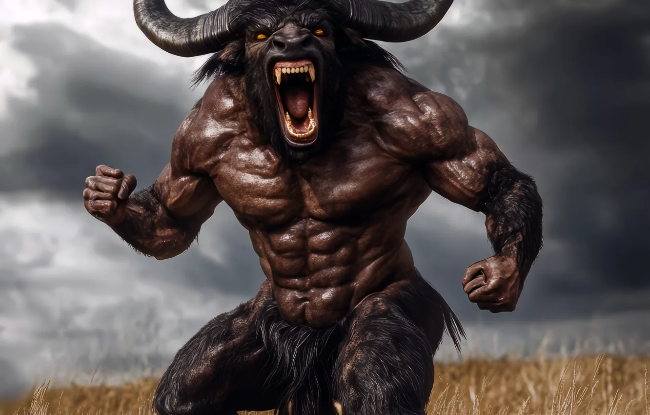 Photo wallpaper look, clouds, grin, horns, monster, the Minotaur, Creek, digital art