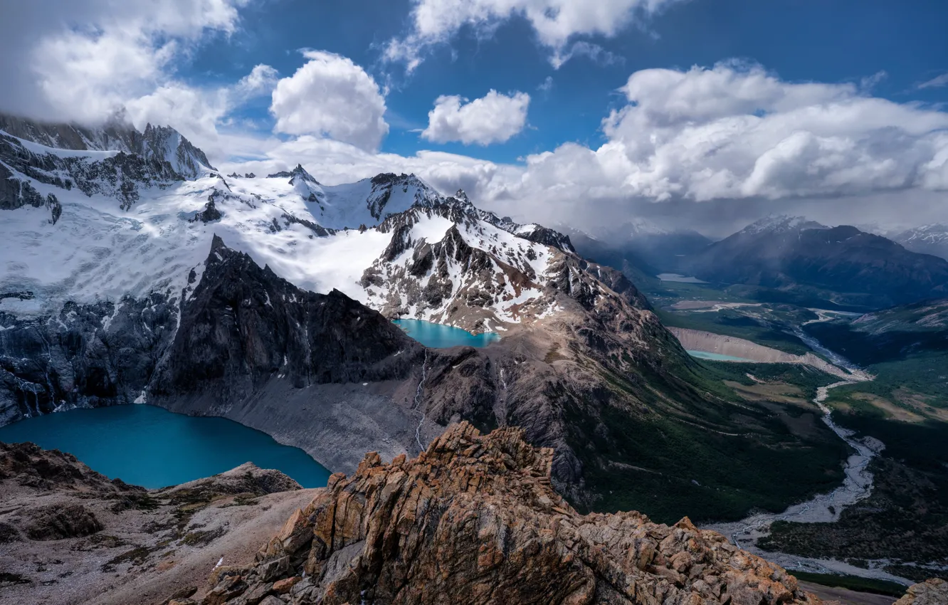 Photo wallpaper clouds, snow, mountains, lake, beauty, valley, space, mountains