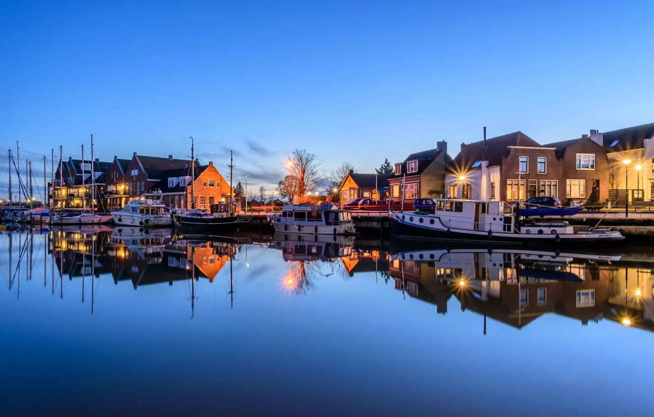 Photo wallpaper night, lights, boat, home, yacht, Netherlands, harbour, Oude-Tonge