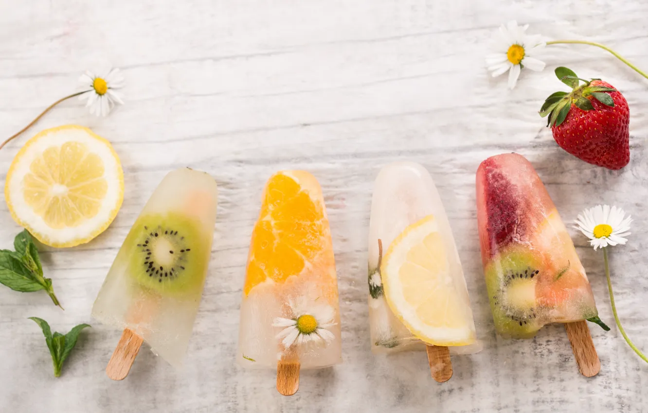 Photo wallpaper lemon, orange, chamomile, kiwi, strawberry, ice cream, dessert, sweet
