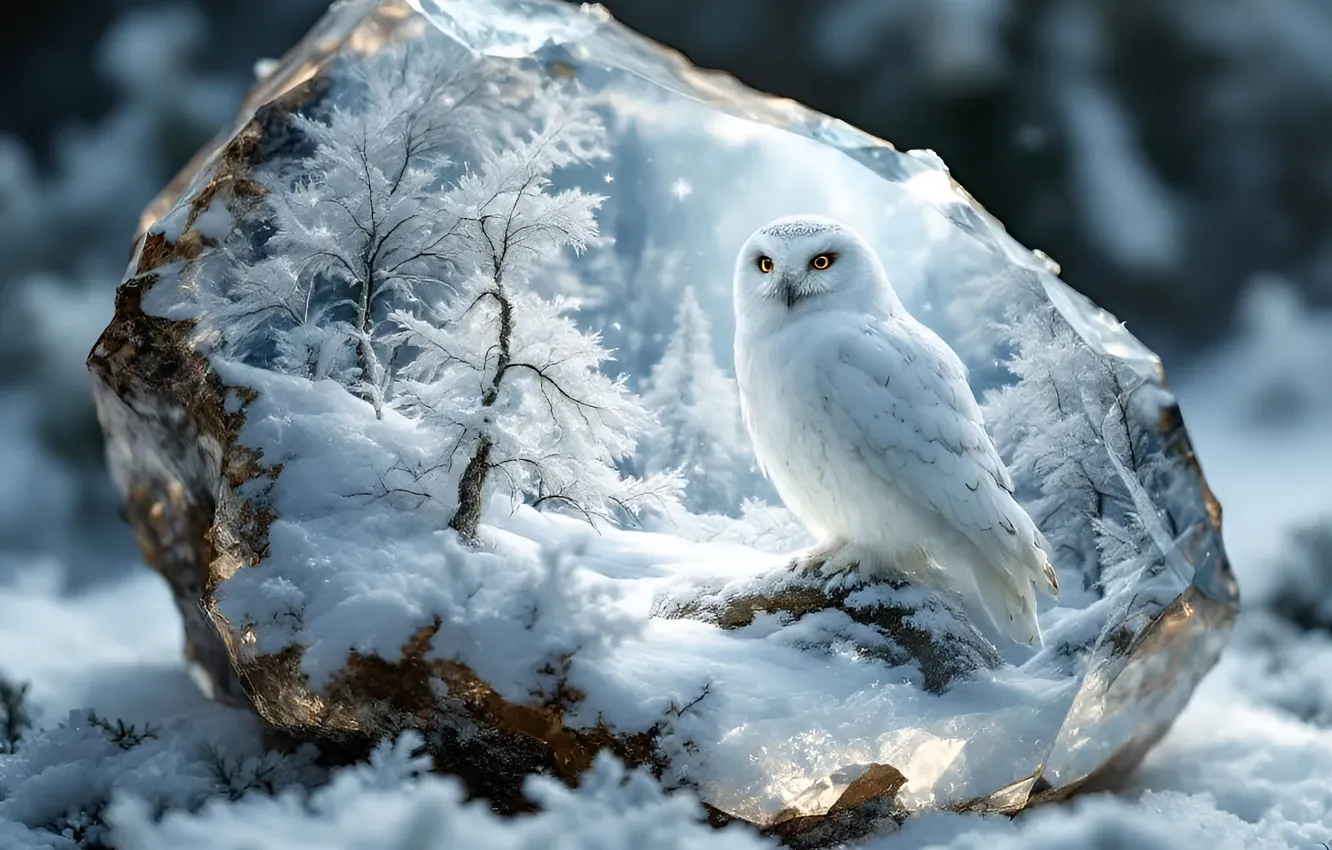 Photo wallpaper winter, snow, nature, stones, owl, bird