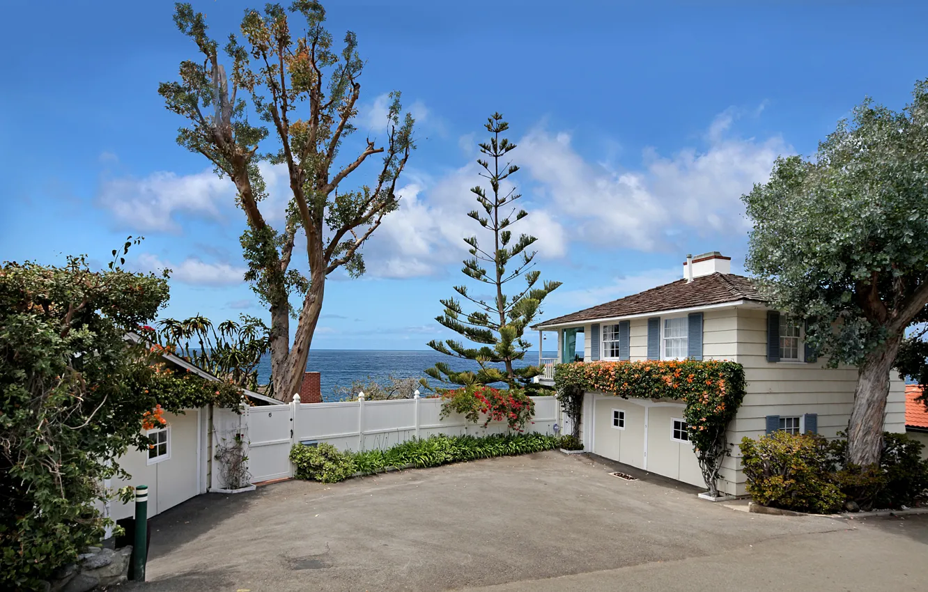 Photo wallpaper sea, the sun, clouds, trees, the fence, view, home, garden