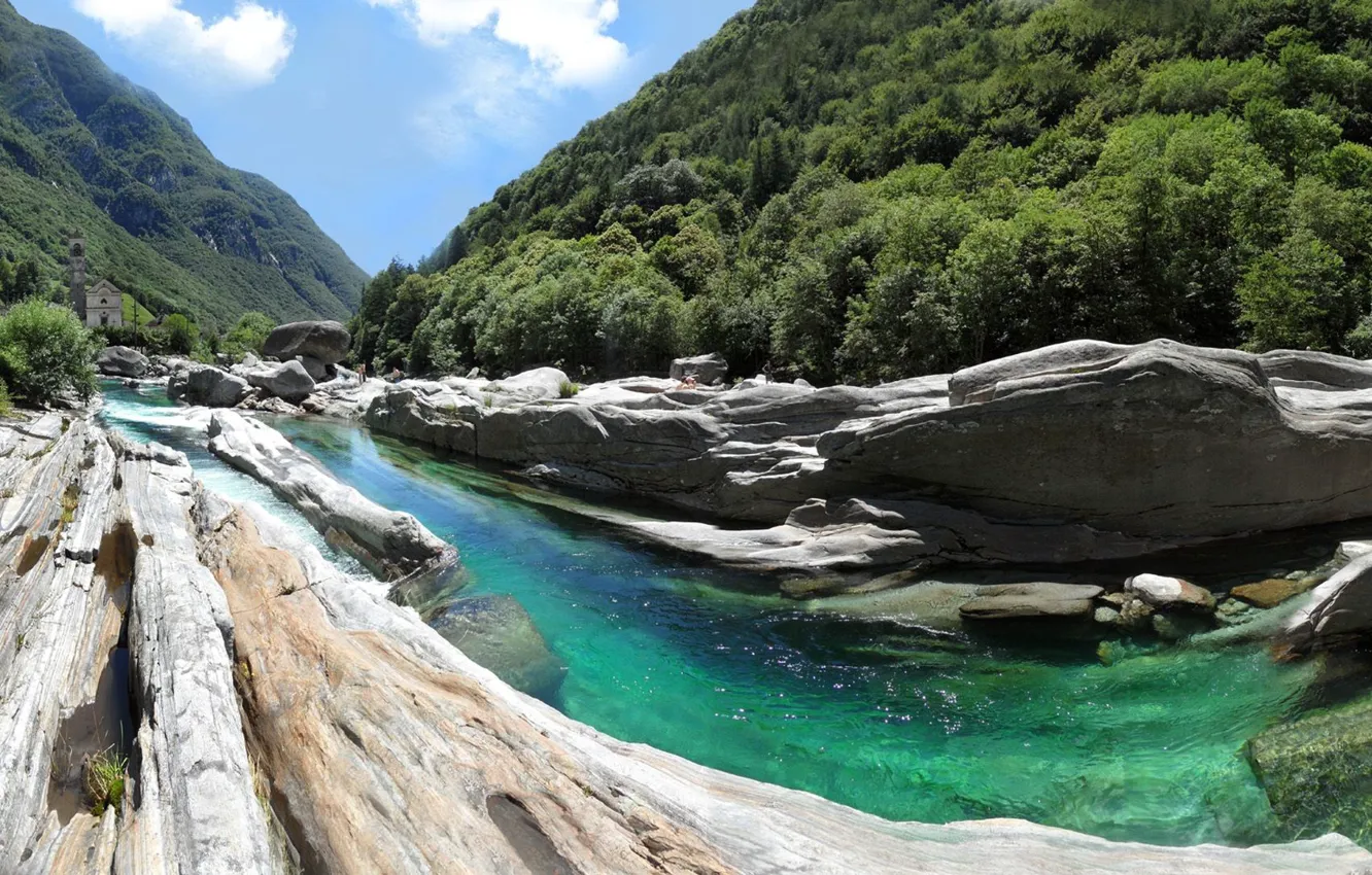 Photo wallpaper forest, mountains, rocks, Switzerland, Switzerland, Locarno, the Verzasca river, Locarno
