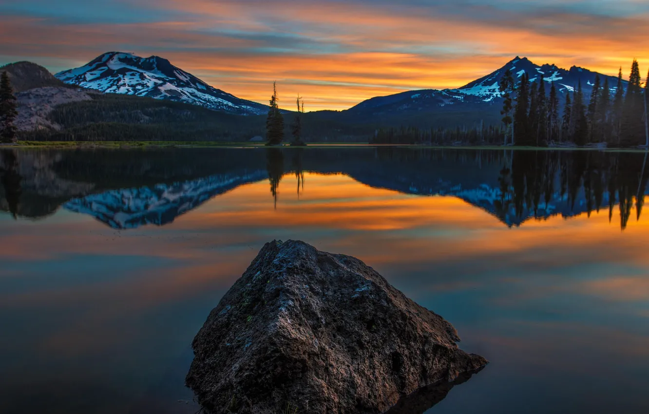 Photo wallpaper forest, water, sunset, mountains, lake, reflection