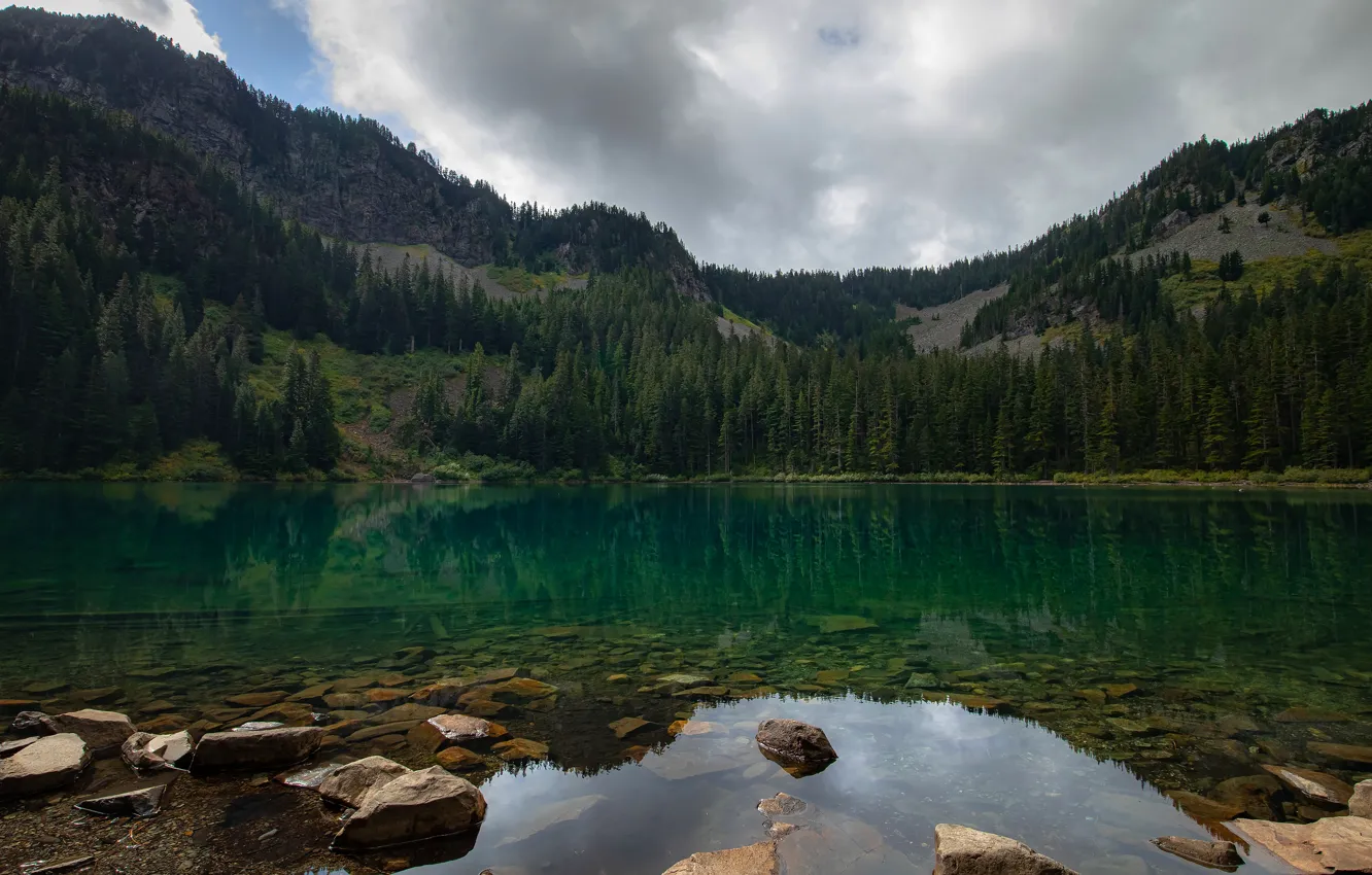 Photo wallpaper forest, mountains, lake, stones, pond