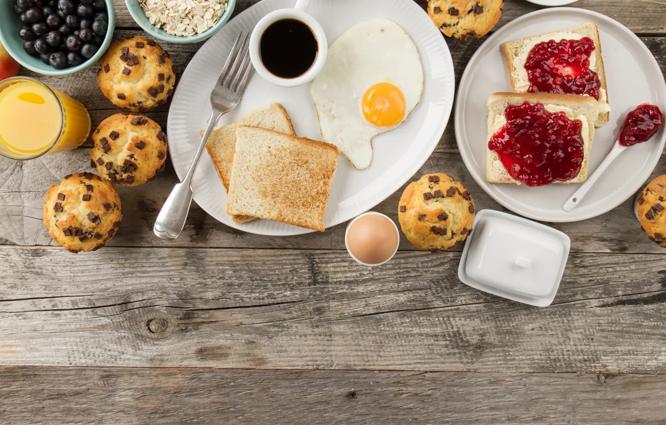 Photo wallpaper berries, eggs, Breakfast, juice, bread, coxy