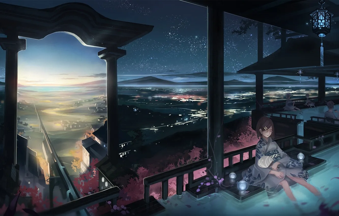 Photo wallpaper water, girl, sunset, the city, stay, the evening, Sakura, fan