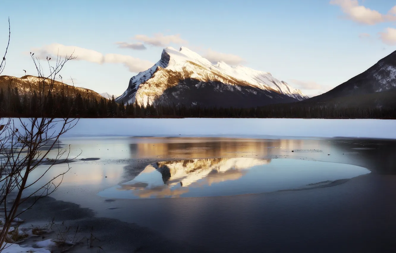 Photo wallpaper ice, winter, light, snow, landscape, sunset, mountains, nature