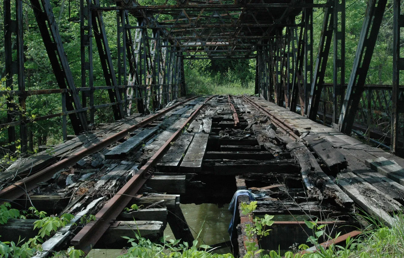 Photo wallpaper rails, abandoned, railway bridge, destroyed