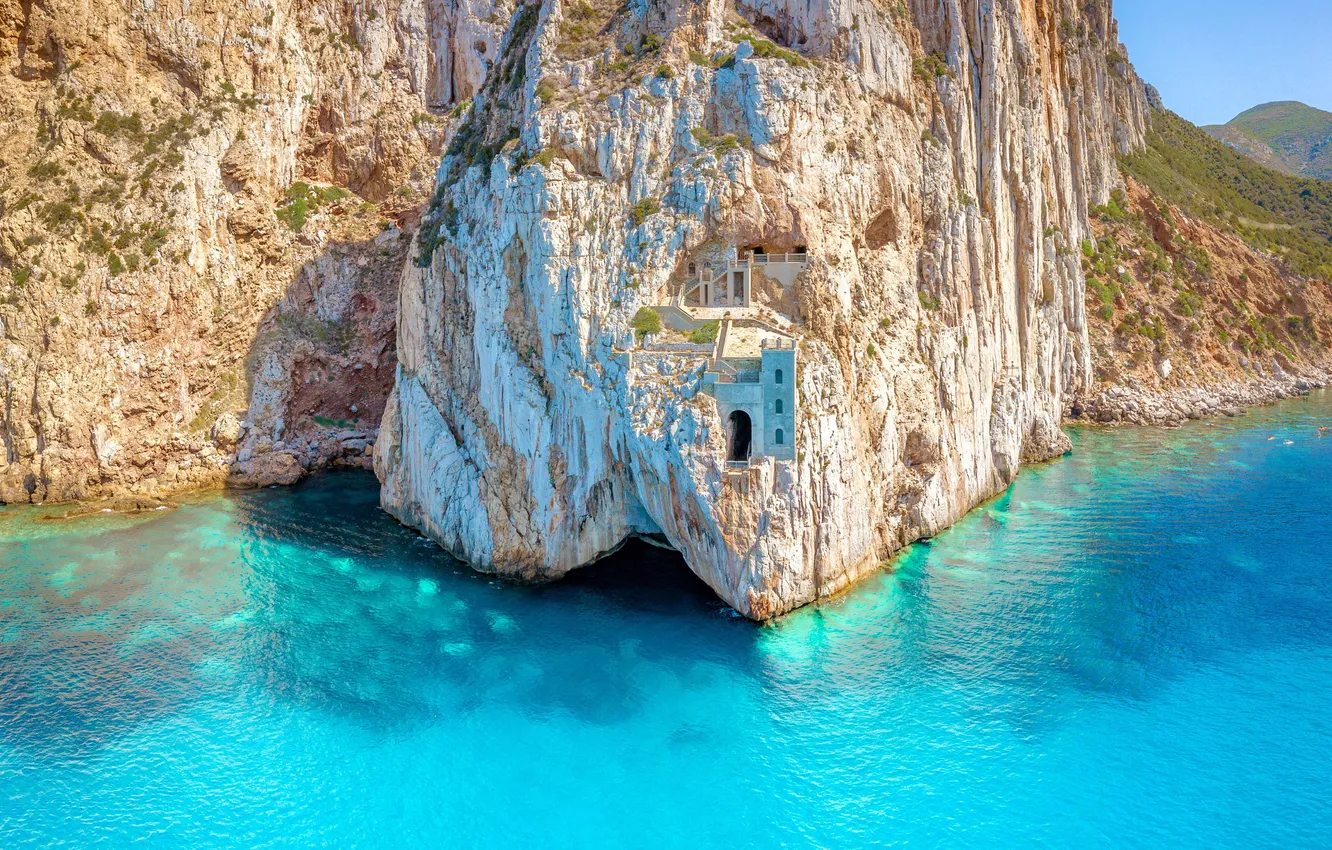 Photo wallpaper Italy, Italy, Sardinia, turquoise sea, Sardinia, The Rocky building, Cliff Building, Porto Flavia