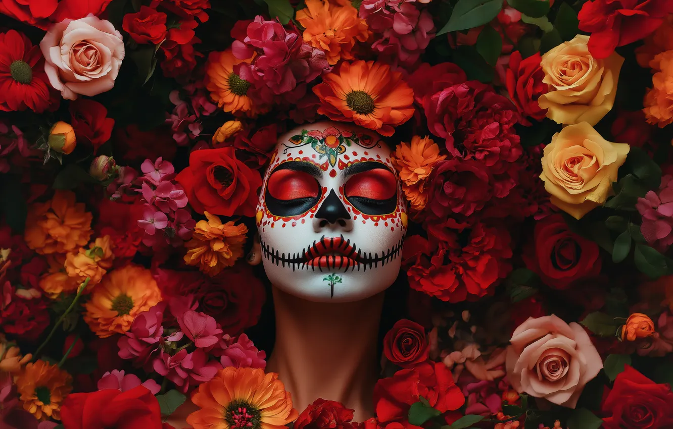 Photo wallpaper flowers, makeup, day of the dead