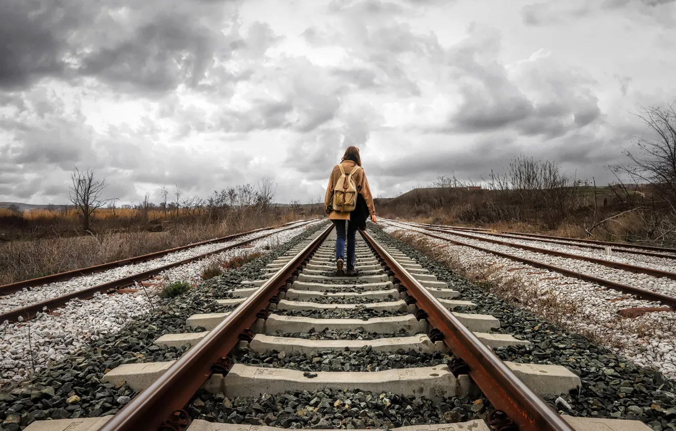 Photo wallpaper the sky, girl, railroad