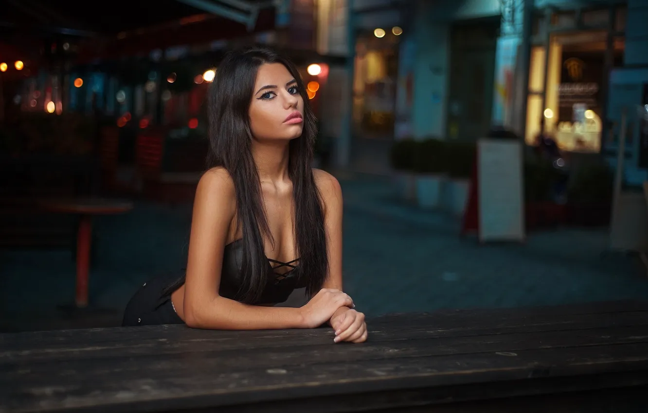 Photo wallpaper night, lights, model, makeup, brunette, hairstyle, Paris, beauty