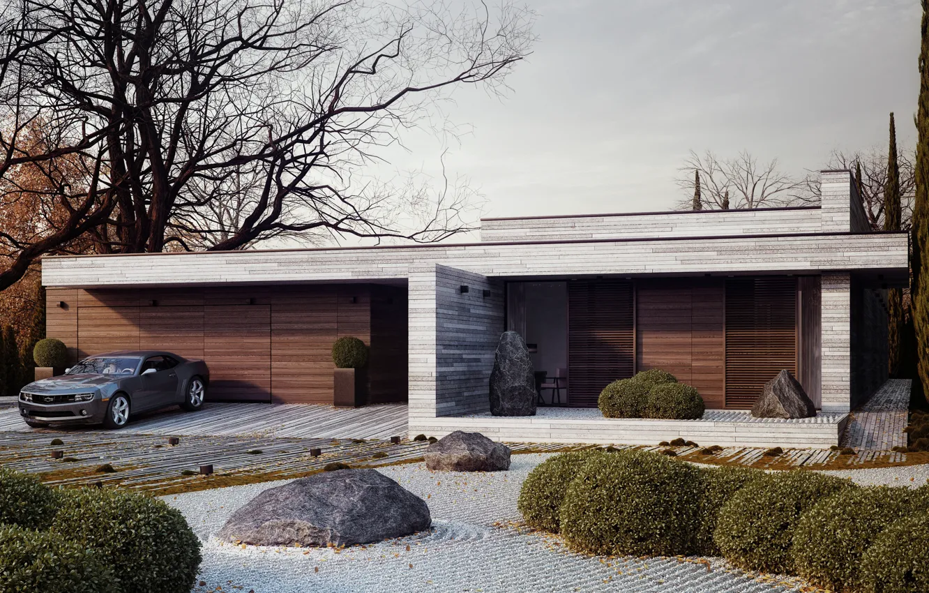 Photo wallpaper design, house, stones, tree, Chevrolet, Camaro, the bushes, Horizontal