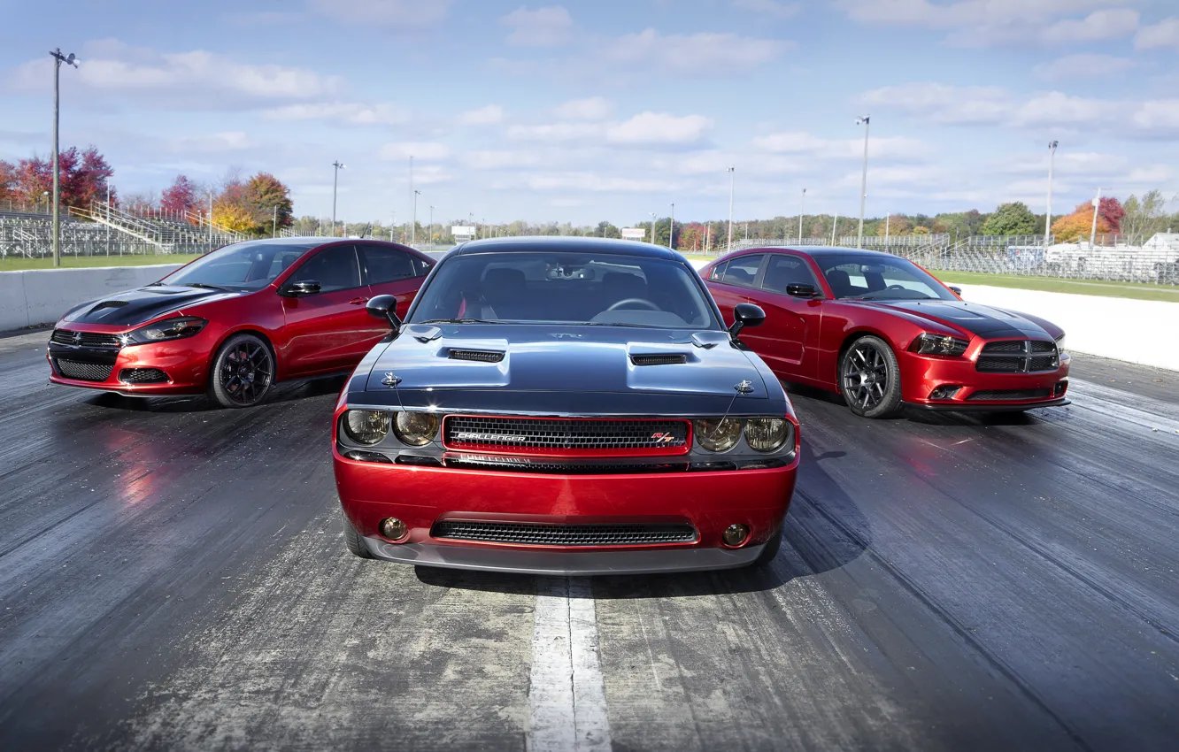 Photo wallpaper Dodge, Trio, Tuning, Road, Muscle Cars, Challenger Srt, Dart Gt, Scat Pack