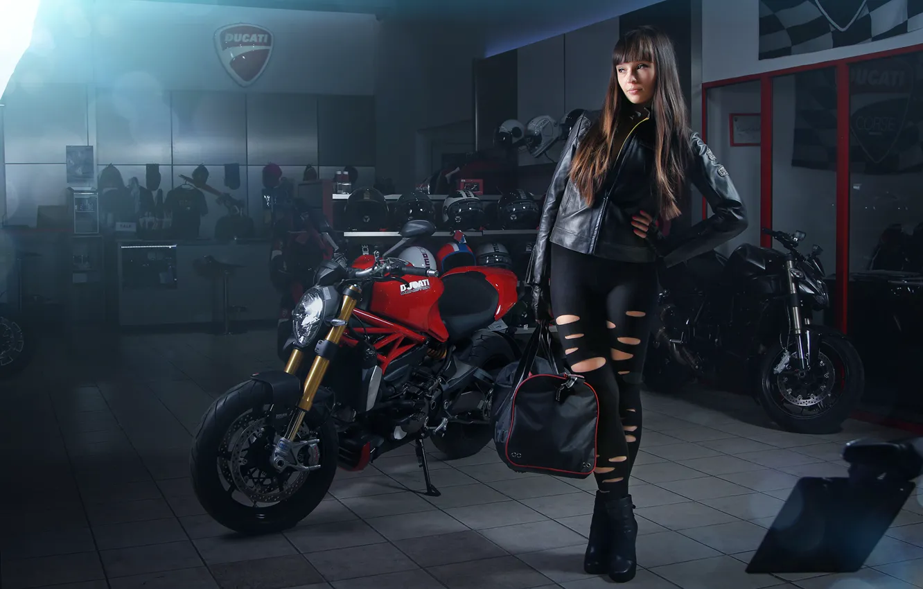 Photo wallpaper Girl, Light, Ducati, Monster, Studio, Motorcycle, Bags, 1200s