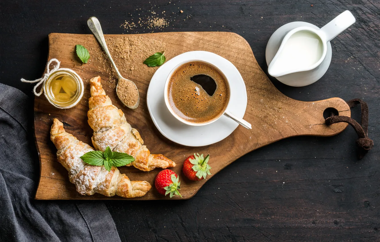 Photo wallpaper coffee, food, Breakfast, cream, strawberry, jam, croissants, cutting Board
