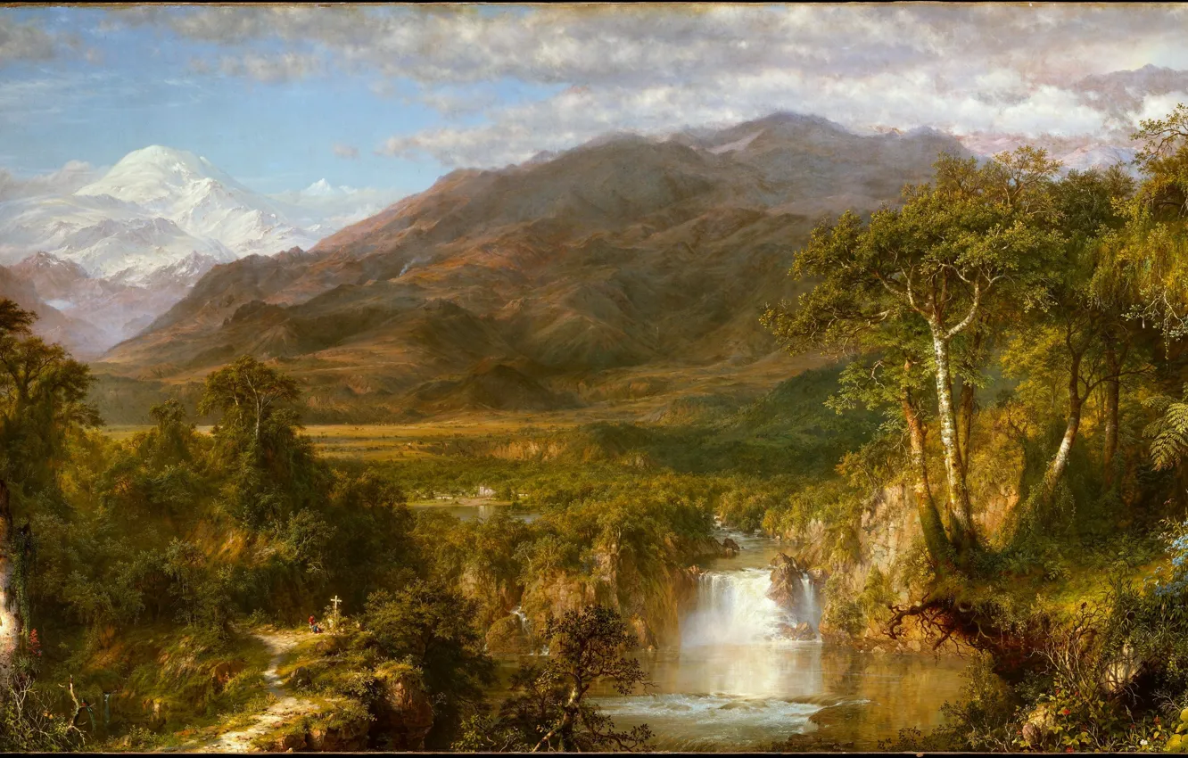 Photo wallpaper the sky, clouds, snow, trees, flowers, mountains, berries, open