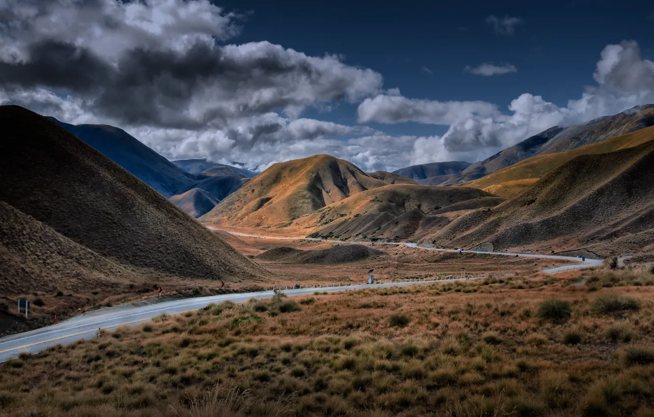 Photo wallpaper road, field, the sky, grass, mountains, blue, hills, slope