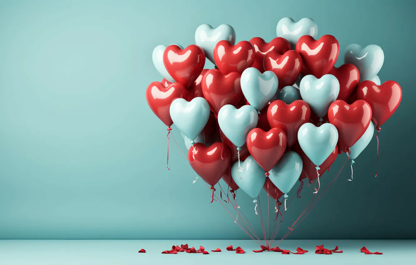 Photo wallpaper love, red, balloons, wall, holiday, blue, heart, Shine