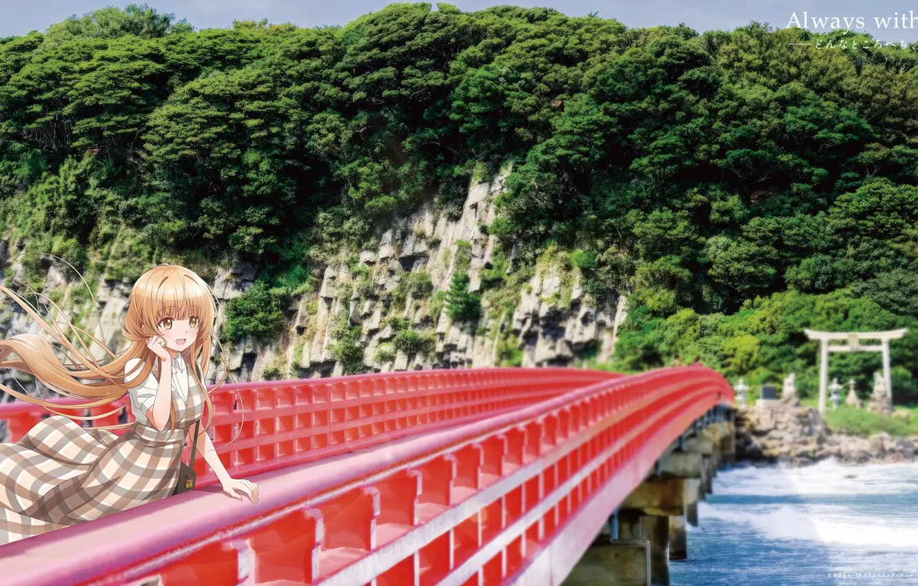 Photo wallpaper water, girl, mountains, bridge, nature, torii, Otonari no Tenshi-sama ni Itsunomanika Dame Ningen, Mahiru Shiina