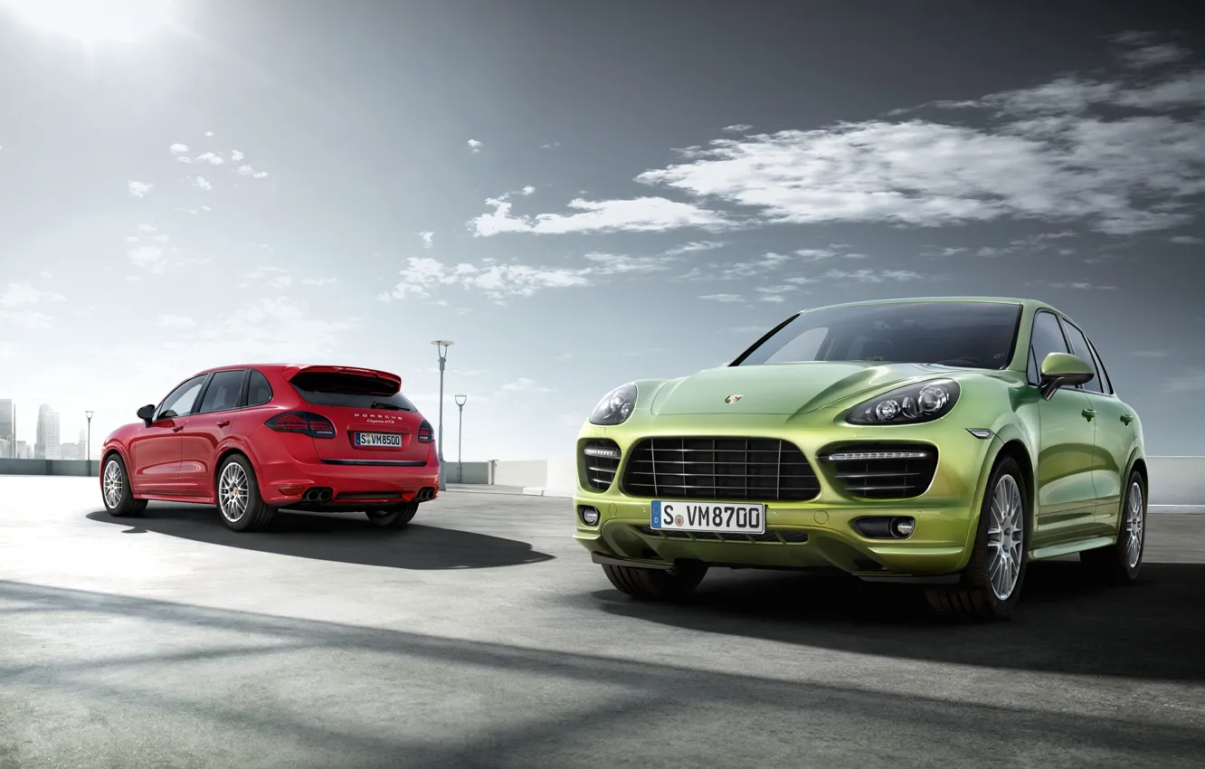 Photo wallpaper the sun, red, jeep, green, Porsche Cayenne