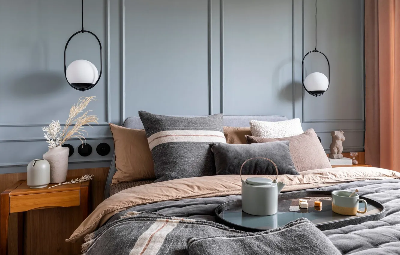 Photo wallpaper design, style, room, bed, interior, pillow, bed, blanket